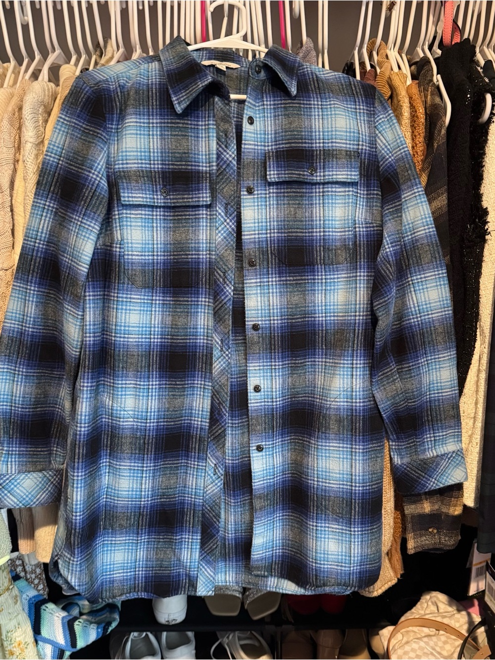 L.L. Bean Signature Blue Plaid Button-Up Shirt Jacket Medium